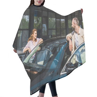 Personality  Handsome Man Looking At Happy Woman While Standing Near Black Car  Hair Cutting Cape