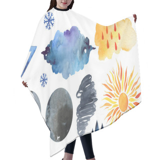 Personality  Cute Weather Icons. Forecast Meteorology Watercolor Symbols. Hair Cutting Cape