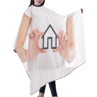 Personality  Partial View Of Woman Holding House Model In Hands Isolated On White, Mortgage Concept Hair Cutting Cape