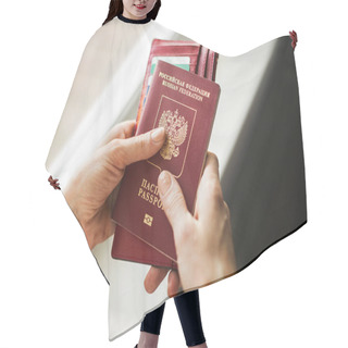 Personality  Foreign Passport Of The Russian Federation Is Held By Female Hands Hair Cutting Cape