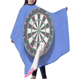 Personality  Woman Removes Darts From Dartboard On Blue Wall At Sunny Day Hair Cutting Cape