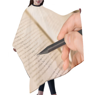 Personality  Close Up View Of Woman Holding Pencil Near Book At Home  Hair Cutting Cape