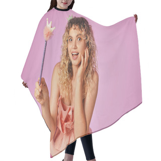 Personality  Amazed Jolly Blonde Woman In Pink Costume Of Tooth Fairy Holding Magic Wand And Looking At Camera Hair Cutting Cape