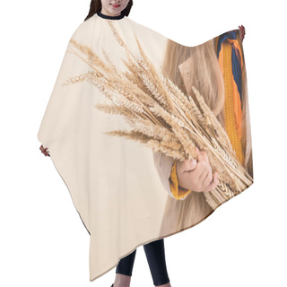 Personality  Cropped View Of Fashionable Blonde Girl In Autumn Outfit Holding Wheat Spikes Isolated On Beige Hair Cutting Cape