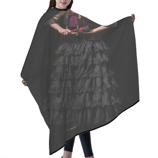 Personality  Cropped View Of Flamenco Dancer Holding Fan Isolated On Black  Hair Cutting Cape