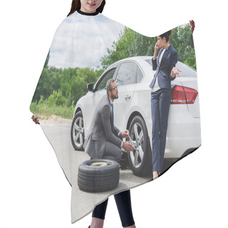 Personality  Handsome Businessman Changing Tires On Car On Road, Businesswoman Talking By Smartphone Hair Cutting Cape