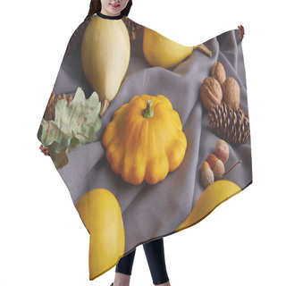 Personality  Ripe Whole Colorful Pumpkins And Autumnal Decor On Grey Cloth Hair Cutting Cape