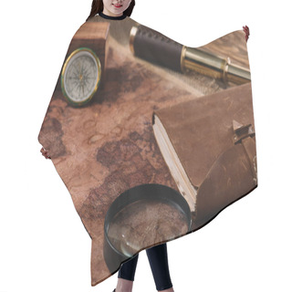 Personality  Old World Map With Telescope, Leather Notebook, Magnifying Glass And Compass On Wooden Surface Hair Cutting Cape