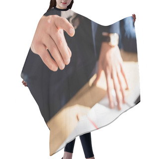 Personality  Cropped View Politician Pointing With Finger, While Leaning On Table Near Notebook On Blurred Background Hair Cutting Cape
