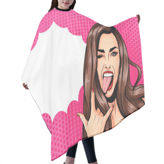 Personality  Pop Art Vintage Advertising Poster Comic Girl With Speech Bubble. Pretty Girl Showing Tongue And Rock And Roll Sign Hair Cutting Cape