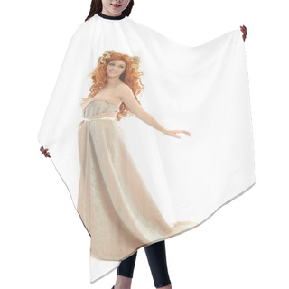 Personality  Full Length Portrait Of Pretty Red Haired Lady Wearing Fantasy Toga Gown, Standing Pose On White Background. Hair Cutting Cape