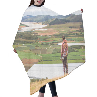 Personality  Back View Of Man Looking At Beautiful Landscape With Agricultural Fields And Mountains, Vietnam, Dalat Region Hair Cutting Cape