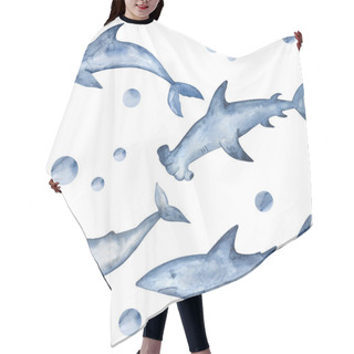 Personality  Watercolor Hammerhead, Shark, Dolphin And Whale. Hand Painted Underwater Inhabitants Hair Cutting Cape
