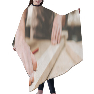 Personality  Panoramic Shot Of Carpenter Touching Wooden Plank  Hair Cutting Cape