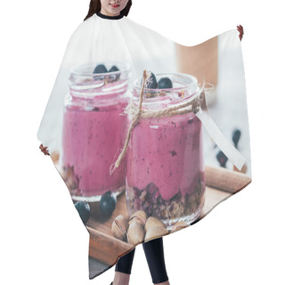 Personality  Close-up View Of Healthy Gourmet Pink Smoothie With Granola, Nuts And Berries  Hair Cutting Cape