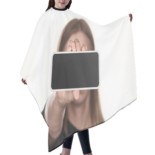 Personality  Selective Focus Of Victim Of Cyberbullying Presenting Smartphone With Blank Screen Isolated On White Hair Cutting Cape