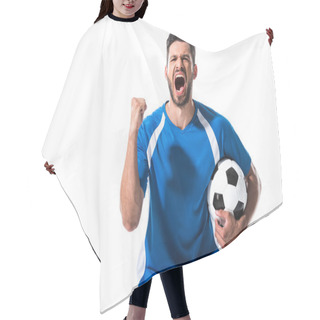 Personality  Excited Soccer Player With Ball And Clenched Hand Yelling Isolated On White Hair Cutting Cape