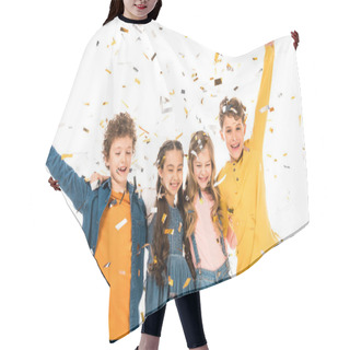 Personality  Four Happy Kids Waving Hands Under Confetti Isolated On White Hair Cutting Cape
