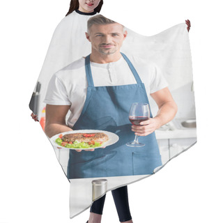 Personality  Handsome Man With Cooked Meat In One Hand And Glass Of Wine In Other Hair Cutting Cape