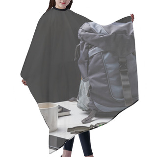 Personality  Backpack, Smartphone, Cup And Compass On Black, Travel Concept  Hair Cutting Cape