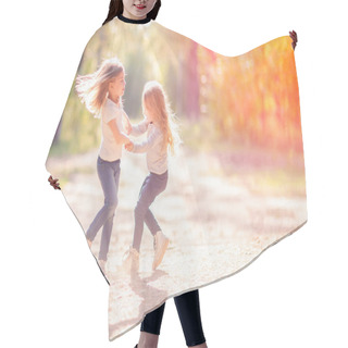 Personality  Two Little Girls Dancing And Having Fun Together Outdoors Hair Cutting Cape