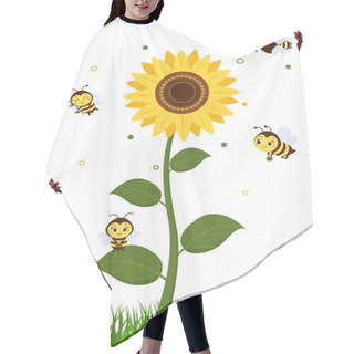 Personality  Four Cute Bees Fly To The Sunflower To Collect Nectar. Vector, Cartoon Style. Hair Cutting Cape