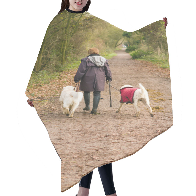 Personality  Middle Aged Woman Walks Her Dogs In The Countryside Hair Cutting Cape