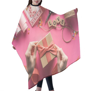 Personality  Partial View Of Woman Decorating Gift Box With Ribbon Near Valentines Handiwork Supplies On Pink Background Hair Cutting Cape