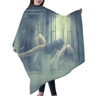 Personality  Levitation Portrait Young Woman In Her House Hair Cutting Cape