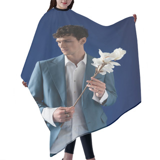 Personality  Brunette Man In Stylish Jacket And Shirt Holding Magnolia Branch Isolated On Navy Blue  Hair Cutting Cape