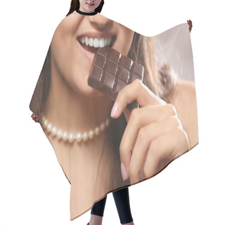 Personality  Loving Chocolate Woman Bites Bar To Enjoy The Taste, Close Up Hair Cutting Cape