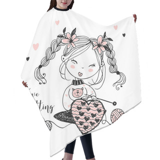 Personality  A Cute Little Girl Knits A Woolen Heart On Her Knitting Needles. Vector Hair Cutting Cape