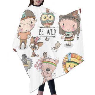 Personality  Set Of Cute Tribal Girl And Boy And Animals Hair Cutting Cape