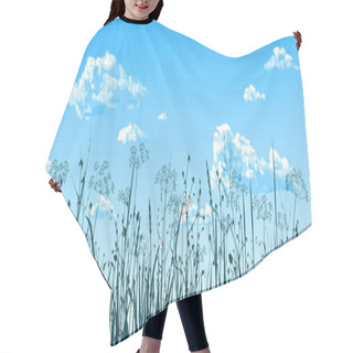 Personality  Panorama - The Blue Sky, Clouds, Wild Grasses. Vector Drawing. Hair Cutting Cape