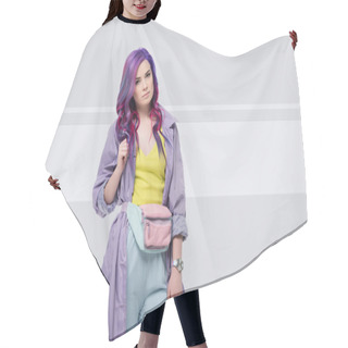 Personality  Beautiful Young Woman In Purple Trench Coat With Waist Pack On Creative Background Hair Cutting Cape
