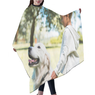 Personality  Side View Of Adorable African American Kid Palming Golden Retriever In Park Hair Cutting Cape