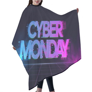 Personality  Cyber Monday Retrowave Glitch Banner With Blue And Purple Glows With Smoke And Particles. Hair Cutting Cape