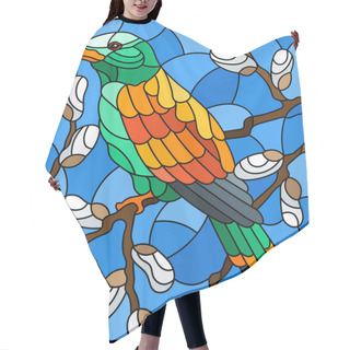 Personality  Illustration In Stained Glass Style With A Bright Bird On Willow Branches Against The Sky Hair Cutting Cape