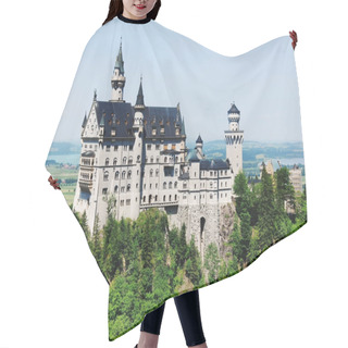Personality  Fussen, Germany - June 29, 2019: Famous Neuschwanstein Castle Shrouded In Mist In The Bavarian Alps. Romanesque Revival Palace In Germany Hair Cutting Cape