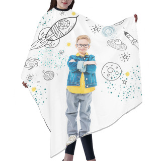 Personality  Pupil With Crossed Arms Standing On Pile Of Books, Isolated On White With Space, Stars And Planets Hair Cutting Cape