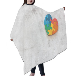 Personality  Wooden Multicolor Puzzle In The Form Of Heart On Gray Background. Concept Valentines Day, Relationship. Space For Text Hair Cutting Cape