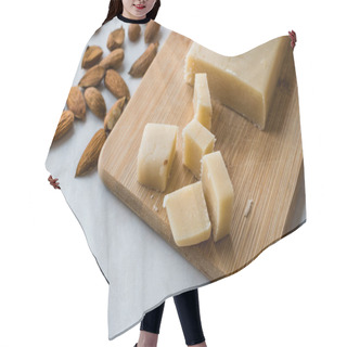 Personality  Homemade Almond Paste Whole Marzipan On Wooden Board. Organic Food. Hair Cutting Cape