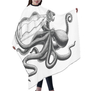 Personality  Octopus Holding Bottle Vintage Clip Art Hair Cutting Cape