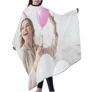 Personality  Smiling Woman With Party Horn And Champagne Celebrating Birthday Near Balloons At Home  Hair Cutting Cape