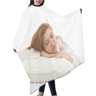 Personality  Young Beautiful Girl Sleeps In The Bed Hugging A Pillow On His S Hair Cutting Cape