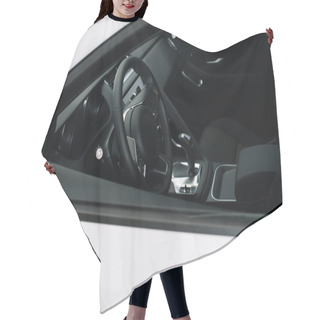 Personality   Black Steering Wheel In Luxury White Automobile In Car Showroom   Hair Cutting Cape