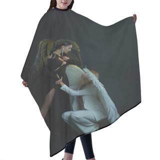 Personality  Heavenly Angel Holding Hand Of Dark Demon Standing On Black Backdrop, Women In Halloween Costumes Hair Cutting Cape