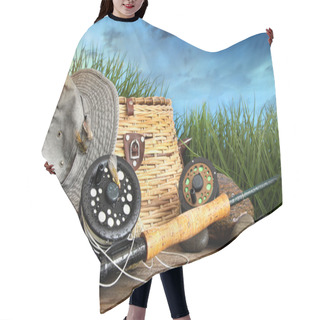 Personality  Fly Fishing Equipment With Hat On Wooden Dock Hair Cutting Cape