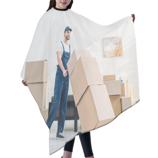 Personality  Mover In Uniform Transporting  Cardboard Boxes On Hand Truck In Apartment Hair Cutting Cape