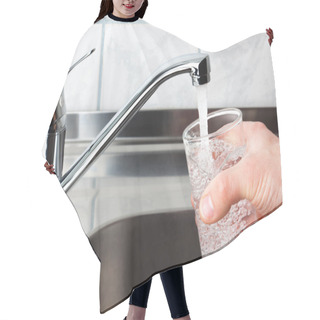Personality  Glass Filled With Drinking Water From Kitchen Faucet. Hair Cutting Cape